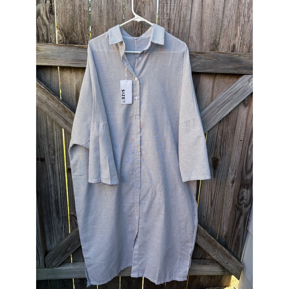 NWT 100% Cotton Grey White Pinstripe  Oversized Shirt Dress Midi Medium